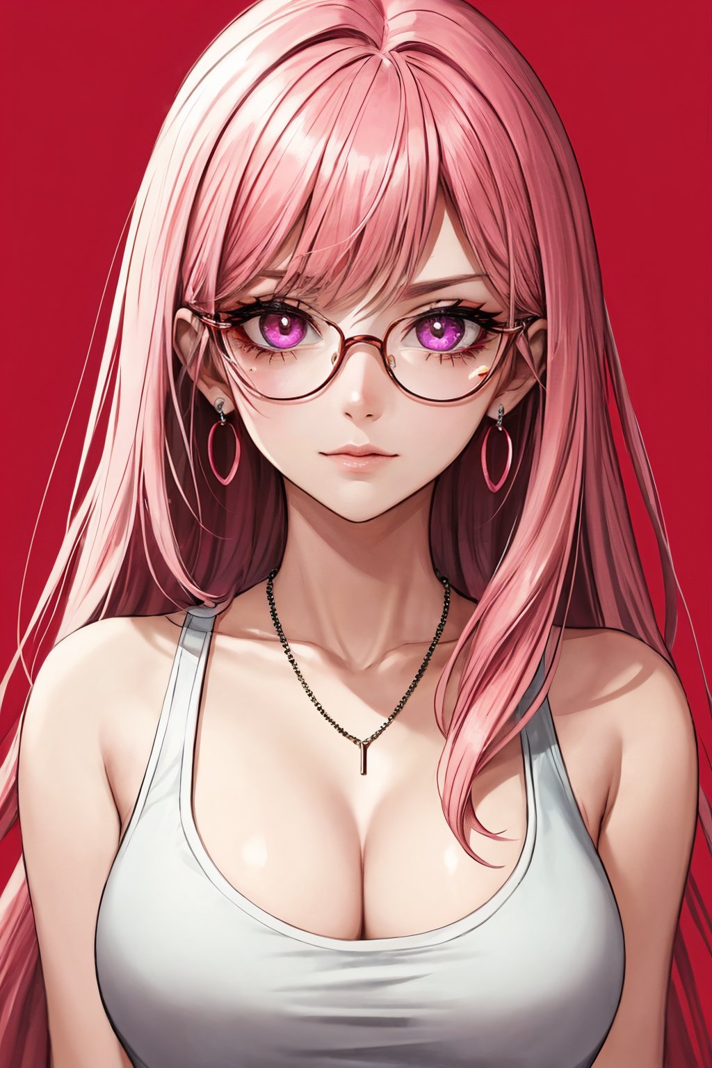 (masterpiece),,(best quality), 

1girl, solo, long hair, looking at viewer, simple background, red eyes, cleavage, bare shoulders, jewelry, closed mouth, upper body, pink hair, earrings, glasses, pink eyes, necklace, frown, tank top, red background