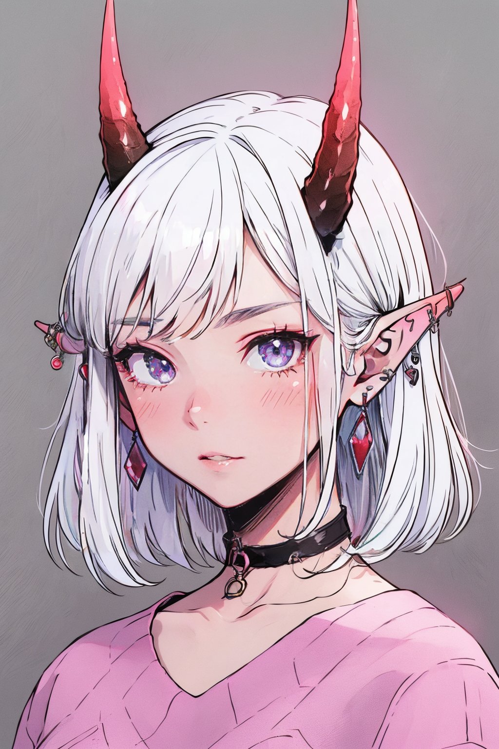 (masterpiece),,(best quality), 

1girl, solo, looking at viewer, blush, simple background, jewelry, closed mouth, collarbone, white hair, earrings, horns, choker, pointy ears, medium hair, pink eyes, grey background, sweater, colored skin, piercing, slit pupils, ear piercing, portrait, pink sweater