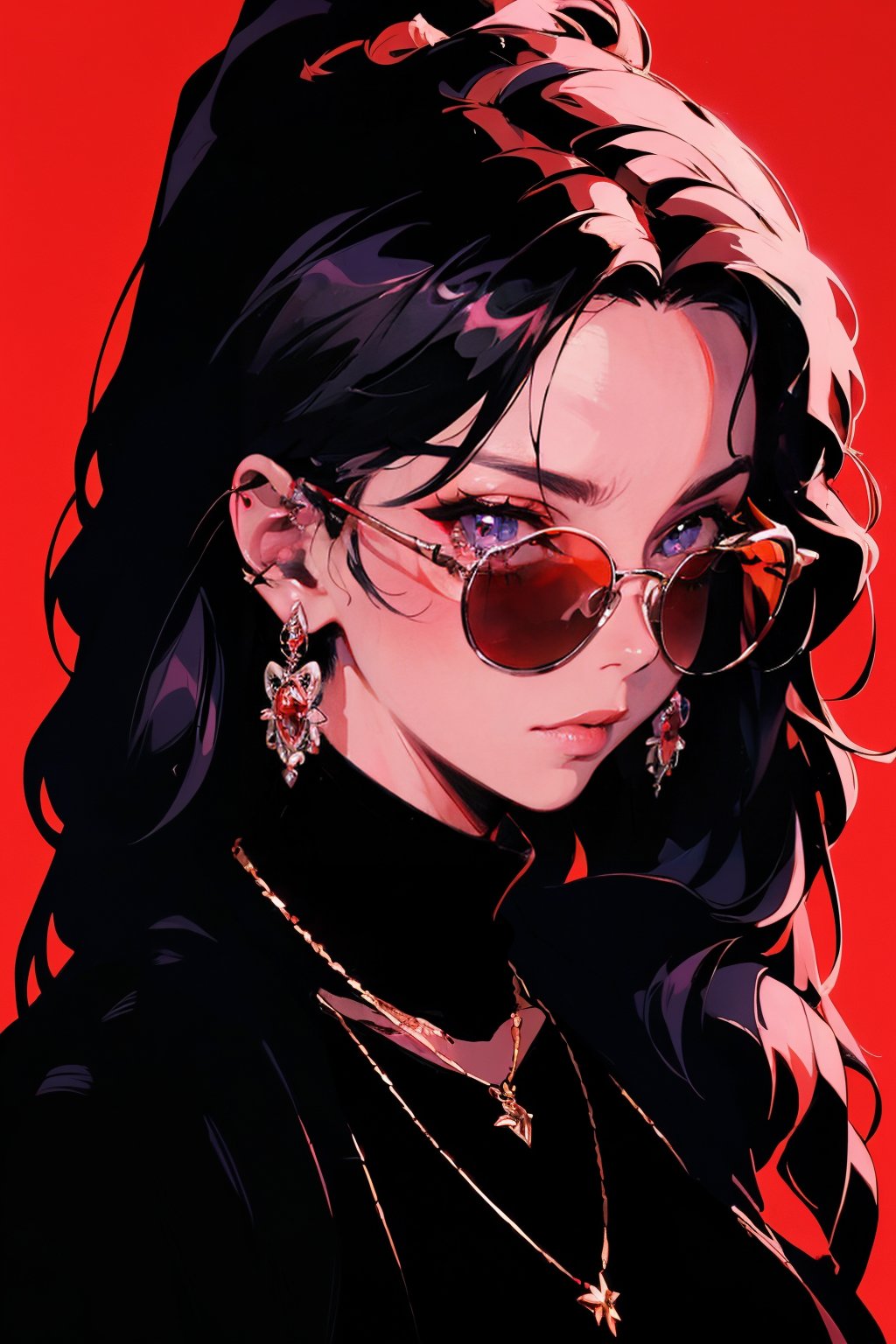 (masterpiece),,(best quality), 

1girl, solo, long hair, looking at viewer, black hair, red eyes, jewelry, earrings, necklace, shadow, sunglasses, portrait, red background, tinted eyewear