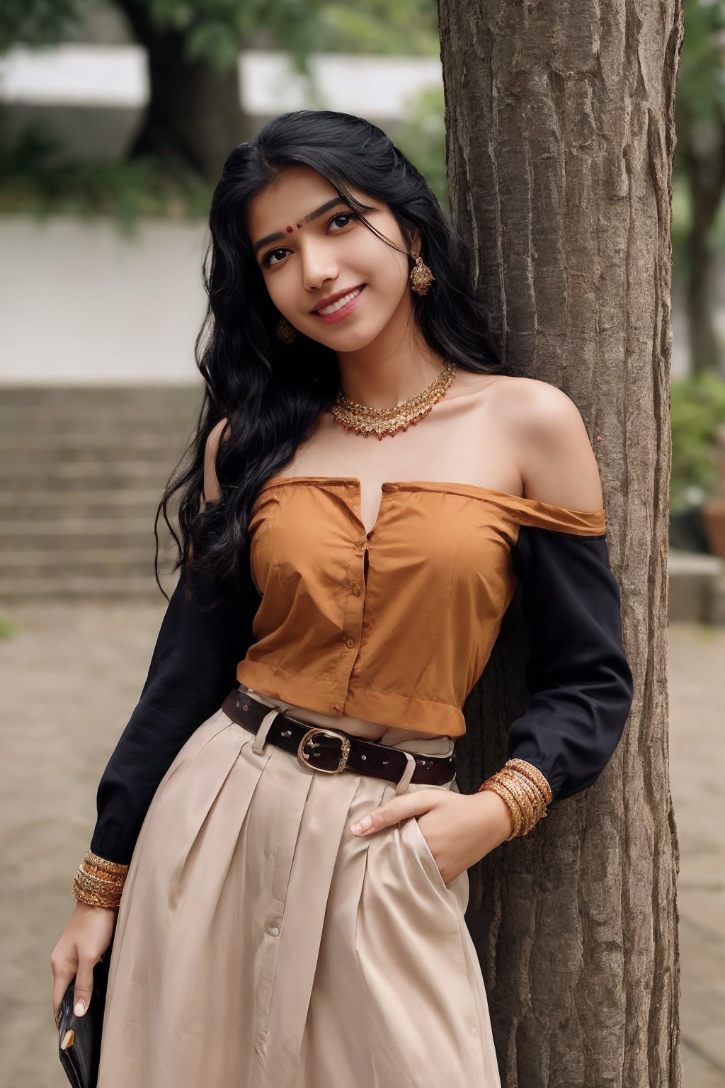 (masterpiece:1.0), (Beauty shot:1.3),

photo of a beautiful woman,long curly hair,black hair,(litle Mole),  formal, off shoulder, long_sleeves, navel. suit, shirt, bracelet, jewelry, ring, brown_shirt, skirt, jacket, necklace, pants, belt, black_coat,

(looking_at_viewer, open mouth, smile, :1.2), black perfect eyes, perfect skin, detailed skin, skin blemish,

(standing pose), (full body),depth of field, (detailed face:1.2), (detailed eyes:1.2), (detailed background),comprehensive cinematic, photography, (gradients), colorful,(((outdoor))),trees,detailed landscape, visual key

shot on a Hasselblad H6D-400c with a Voigtländer Nokton 55mm f2.5 lens,Sahana