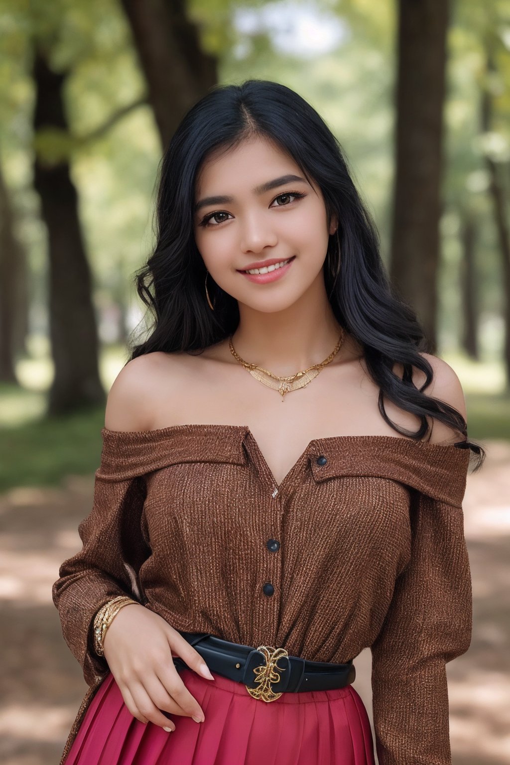 (masterpiece:1.0), (Beauty shot:1.3),

photo of a beautiful woman,long curly hair,black hair,(litle Mole), (gigantic breasts:1.0) formal, off shoulder, long_sleeves, navel. suit, shirt, bracelet, jewelry, ring, brown_shirt, skirt, jacket, necklace, pants, belt, black_coat,

(looking_at_viewer, open mouth, smile, :1.2), black perfect eyes, perfect skin, detailed skin, skin blemish,

(standing pose), (full body),depth of field, (detailed face:1.2), (detailed eyes:1.2), (detailed background),comprehensive cinematic, photography, (gradients), colorful,(((outdoor))),trees,detailed landscape, visual key

shot on a Hasselblad H6D-400c with a Voigtländer Nokton 55mm f2.5 lens,