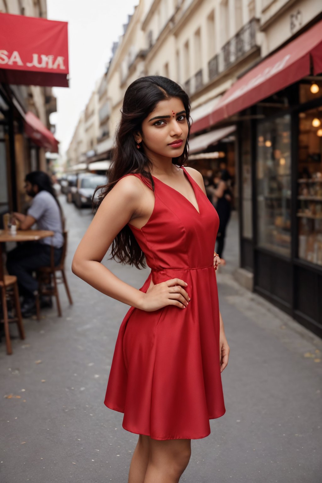 Beautiful girl in a (red dress), amazingly beautiful, long brown hair, fair skin, side pose, looking at viewer, on a Paris street, cafe in background, sexy ((red dress)), bare shoulders, medium breasts, masterpiece, best quality, face focus, fashion photography, photorealistic, highly detailed, (symmetrical pale green eyes),realistic,1 girl,Mallu 18 old babe,perfect,Sahana,Samantha Ruth Prabhu