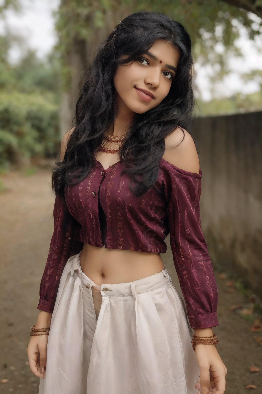 (masterpiece:1.0), (Beauty shot:1.3),

photo of a beautiful woman,long curly hair,black hair,(litle Mole),  formal, off shoulder, long_sleeves, navel. suit, shirt, bracelet, jewelry, ring, brown_shirt, skirt, jacket, necklace, pants, belt, black_coat,

(looking_at_viewer, open mouth, smile, :1.2), black perfect eyes, perfect skin, detailed skin, skin blemish,

(standing pose), (full body),depth of field, (detailed face:1.2), (detailed eyes:1.2), (detailed background),comprehensive cinematic, photography, (gradients), colorful,(((outdoor))),trees,detailed landscape, visual key

shot on a Hasselblad H6D-400c with a Voigtländer Nokton 55mm f2.5 lens,Sahana,perfect,1 girl,Kerala girl ,Paru,Mallu 18 old babe