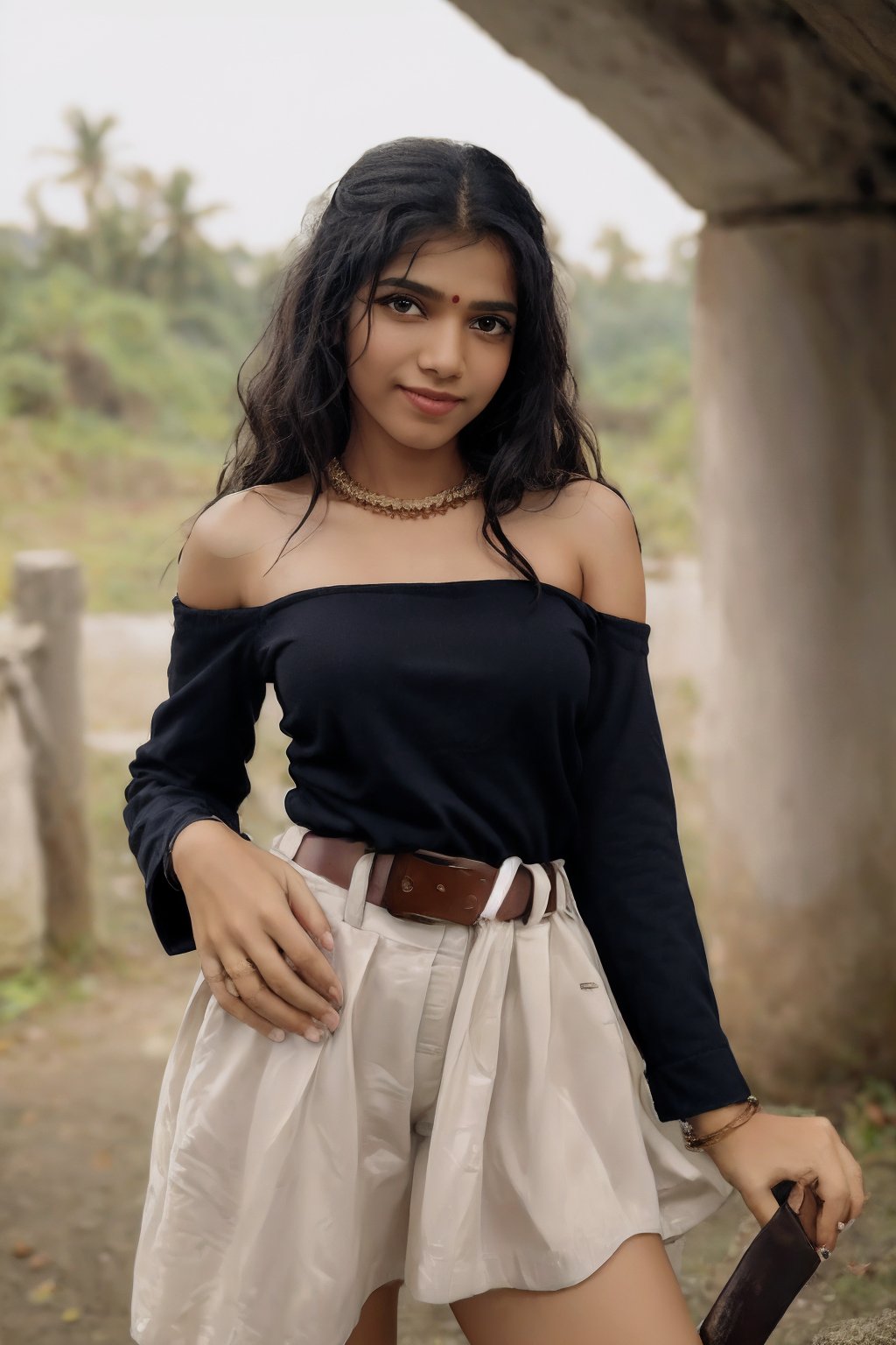 (masterpiece:1.0), Fully dress, (Beauty shot:1.3), mini skirt, 
photo of a beautiful woman,long curly hair,black hair,(litle Mole),  formal, off shoulder, long_sleeves, navel. suit, shirt, bracelet, jewelry, ring, brown_shirt, skirt, jacket, necklace, pants, belt, black_coat,

(looking_at_viewer, open mouth, smile, :1.2), black perfect eyes, perfect skin, detailed skin, skin blemish,

(standing pose), (full body),depth of field, (detailed face:1.2), (detailed eyes:1.2), (detailed background),comprehensive cinematic, photography, (gradients), colorful,(((outdoor))),trees,detailed landscape, visual key

shot on a Hasselblad H6D-400c with a Voigtländer Nokton 55mm f2.5 lens,Sahana,perfect,1 girl,Kerala girl ,Paru,Mallu 18 old babe