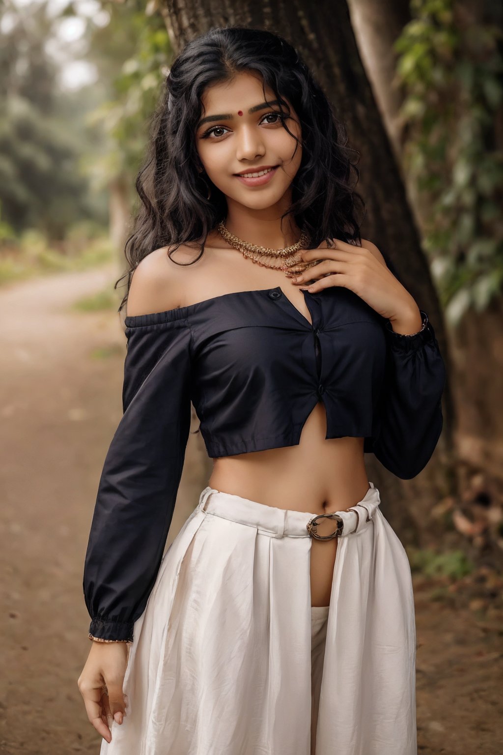 (masterpiece:1.0), (Beauty shot:1.3),

photo of a beautiful woman,long curly hair,black hair,(litle Mole),  formal, off shoulder, long_sleeves, navel. suit, shirt, bracelet, jewelry, ring, brown_shirt, skirt, jacket, necklace, pants, belt, black_coat,

(looking_at_viewer, open mouth, smile, :1.2), black perfect eyes, perfect skin, detailed skin, skin blemish,

(standing pose), (full body),depth of field, (detailed face:1.2), (detailed eyes:1.2), (detailed background),comprehensive cinematic, photography, (gradients), colorful,(((outdoor))),trees,detailed landscape, visual key

shot on a Hasselblad H6D-400c with a Voigtländer Nokton 55mm f2.5 lens,Sahana,perfect,1 girl,Kerala girl ,Paru,Mallu 18 old babe