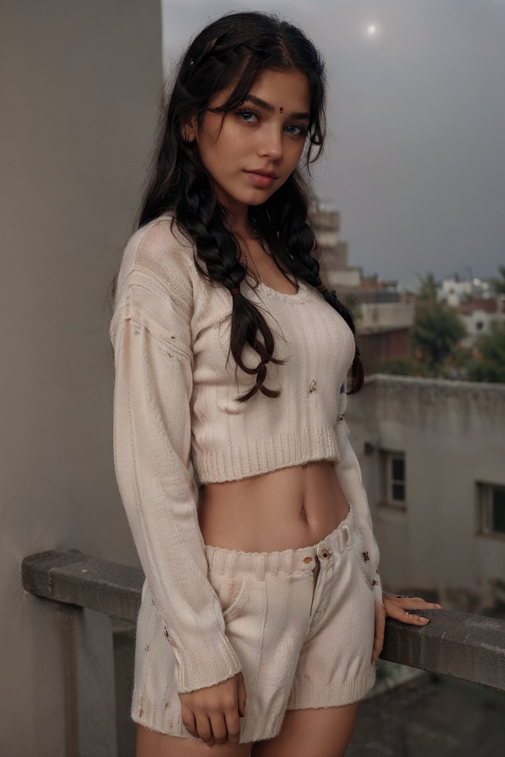 Indian girl, onlyfans model, (wearing oversized cotton sweater), standing in balcony,(((night))), ((braided_hair, blond_hair)), from_front,Mallu 18 old babe