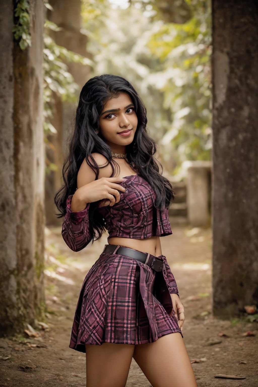 (masterpiece:1.0), Fully dress, (Beauty shot:1.3), mini skirt, 
photo of a beautiful woman,long curly hair,black hair,(litle Mole),  formal, off shoulder, long_sleeves, navel. suit, shirt, bracelet, jewelry, ring, brown_shirt, skirt, jacket, necklace, pants, belt, black_coat,

(looking_at_viewer, open mouth, smile, :1.2), black perfect eyes, perfect skin, detailed skin, skin blemish,

(standing pose), (full body),depth of field, (detailed face:1.2), (detailed eyes:1.2), (detailed background),comprehensive cinematic, photography, (gradients), colorful,(((outdoor))),trees,detailed landscape, visual key

shot on a Hasselblad H6D-400c with a Voigtländer Nokton 55mm f2.5 lens,Sahana,perfect,1 girl,Kerala girl ,Paru,Mallu 18 old babe