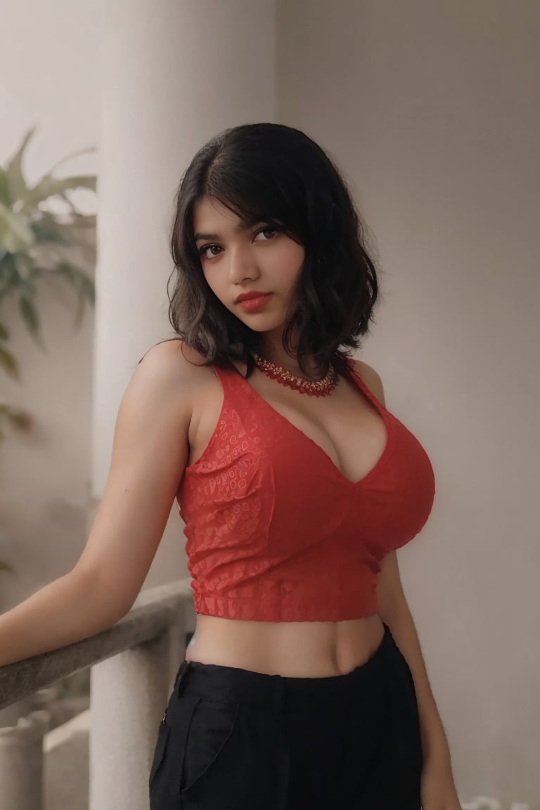 (best quality, 8k, masterpiece:1.2), ultra-detailed, portrait 3/4 shot photo, young woman, 27 years old, black blouse, long black pants, medium dark red bob cut hair, fair skin, red eyes, thin lips, soft pink lips, curvy, hourglass-shaped figure, large breasts, bright and warm color, soft lighting,Mallu 18 old babe