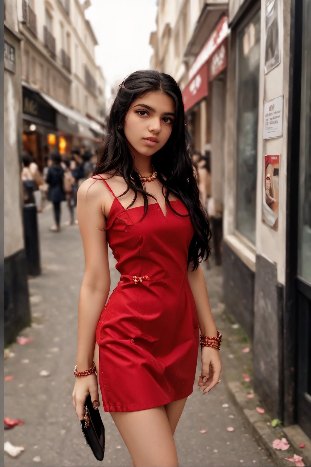 Beautiful girl in a (red dress), amazingly beautiful, long brown hair, fair skin, side pose, looking at viewer, on a Paris street, cafe in background, sexy ((red dress)), bare shoulders, medium breasts, masterpiece, best quality, face focus, fashion photography, photorealistic, highly detailed, (symmetrical pale green eyes),realistic,1 girl,Mallu 18 old babe,perfect