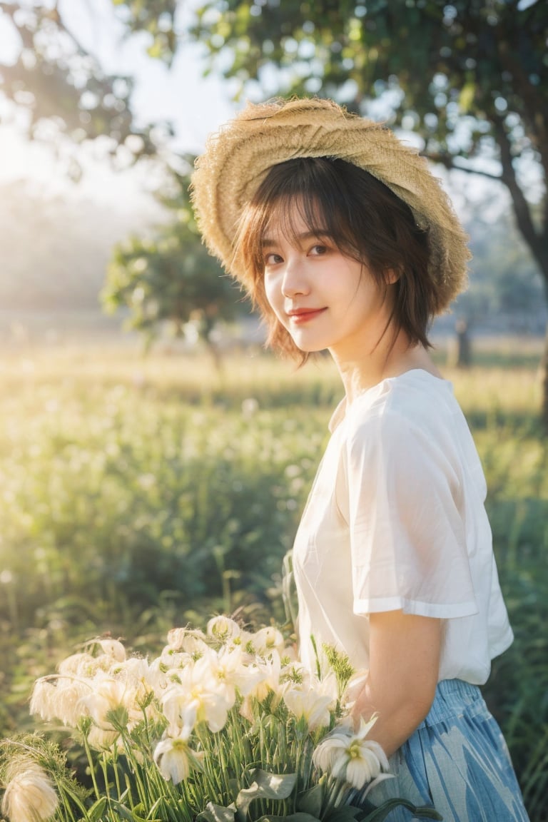 1girl,short hair,straw hat,grass skirt,cowboy shot,lazy,elegant,curvy,flower,blue sky,dappled sunlight,((Fog and Mist)),(((Tyndall effect))),solo_focus,close-up, ,midwood,(grin:0.8),