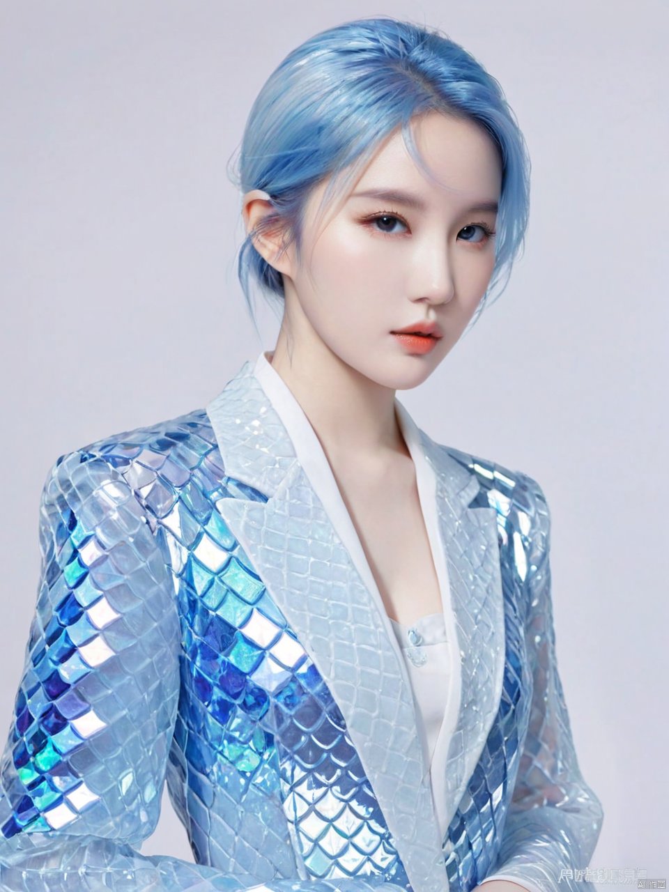  Transparent blue and white porcelain PVC skin, transparent blue and white porcelain colored skin scales, prisms, holography, color difference, fashion illustrations, masterpieces, Chinese dragon and Harajuku fashion, looking at the audience, 8k, super detailed, pixiv