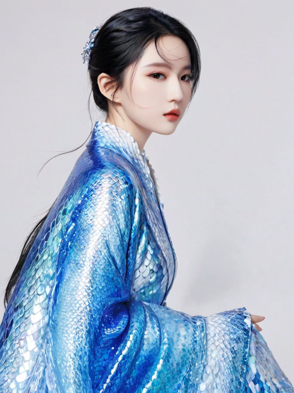  Transparent blue and white porcelain PVC skin, transparent blue and white porcelain colored skin scales, prisms, holography, color difference, fashion illustrations, masterpieces, Chinese dragon and Harajuku fashion, looking at the audience, 8k, super detailed, pixiv