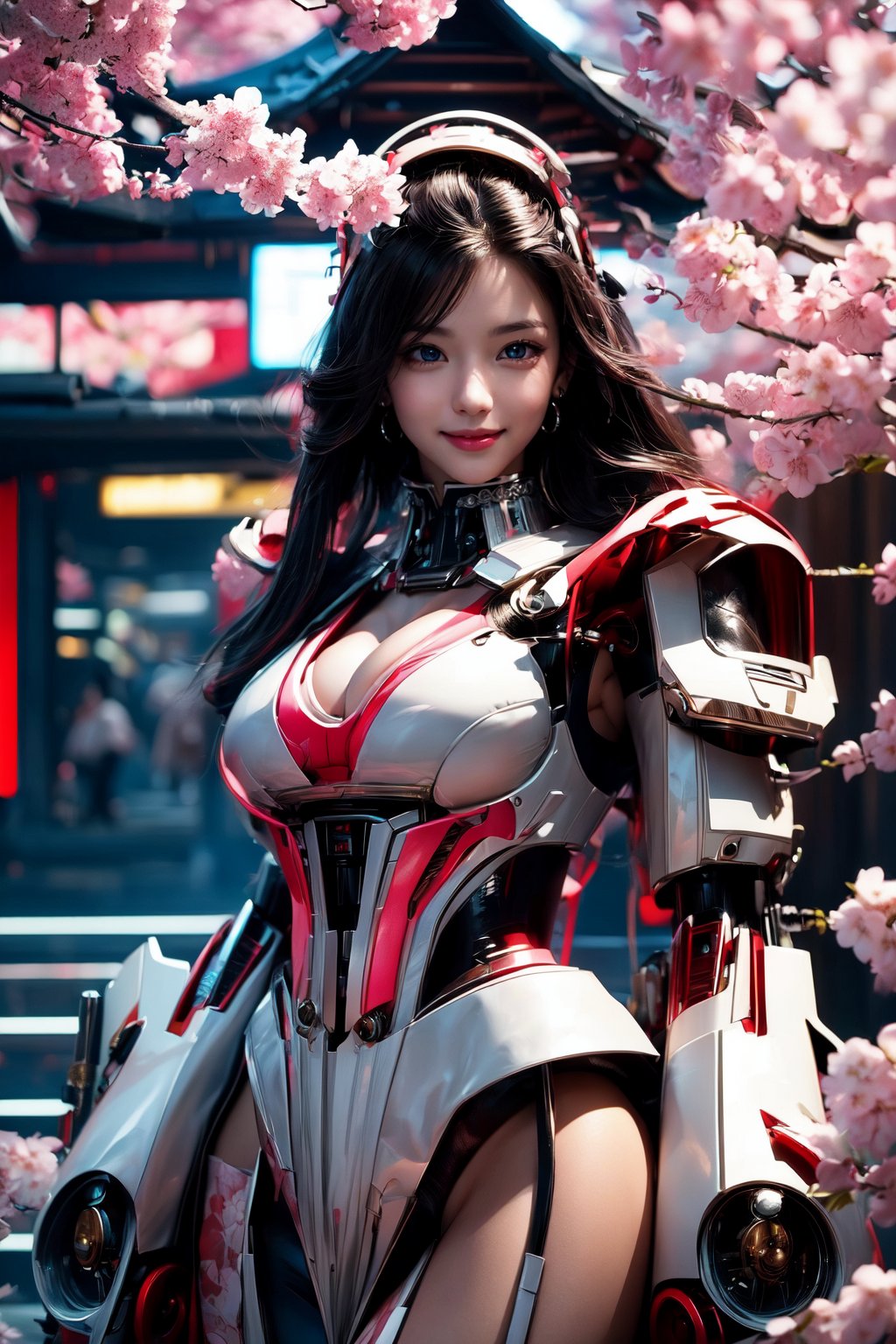 Masterpiece, High quality, 64K, Unity 64K Wallpaper, HDR, Best Quality, RAW, Super Fine Photography, Super High Resolution, Super Detailed, 
Beautiful and Aesthetic, Stunningly beautiful, Perfect proportions, 
1girl, Solo, White skin, Detailed skin, Realistic skin details, 
Futuristic Mecha, Arms Mecha, Dynamic pose, Battle stance, Swaying hair, by FuturEvoLab, 
Dark City Night, Cyberpunk city, Cyberpunk architecture, Future architecture, Fine architecture, Accurate architectural structure, Detailed complex busy background, Gorgeous, Cherry blossoms,
Sharp focus, Perfect facial features, Pure and pretty, Perfect eyes, Lively eyes, Elegant face, Delicate face, Exquisite face, Pink Mecha, Oiran, 