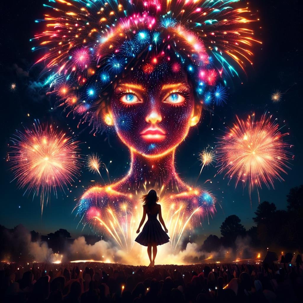 (masterpiece), frwks<lora:frwks:1>,  beautiful woman made of fireworks, (surreal environment)
