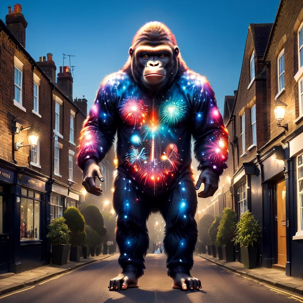 masterpiece, best quality, gorilla wearing frwks coat, outdoor, UK residential street<lora:frwks:0.9>