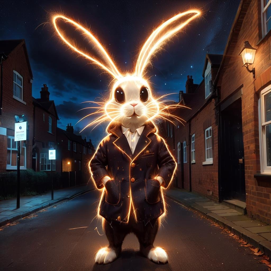 masterpiece, best quality, rabbit wearing frwks coat, outdoor, UK residential street<lora:frwks:0.9>