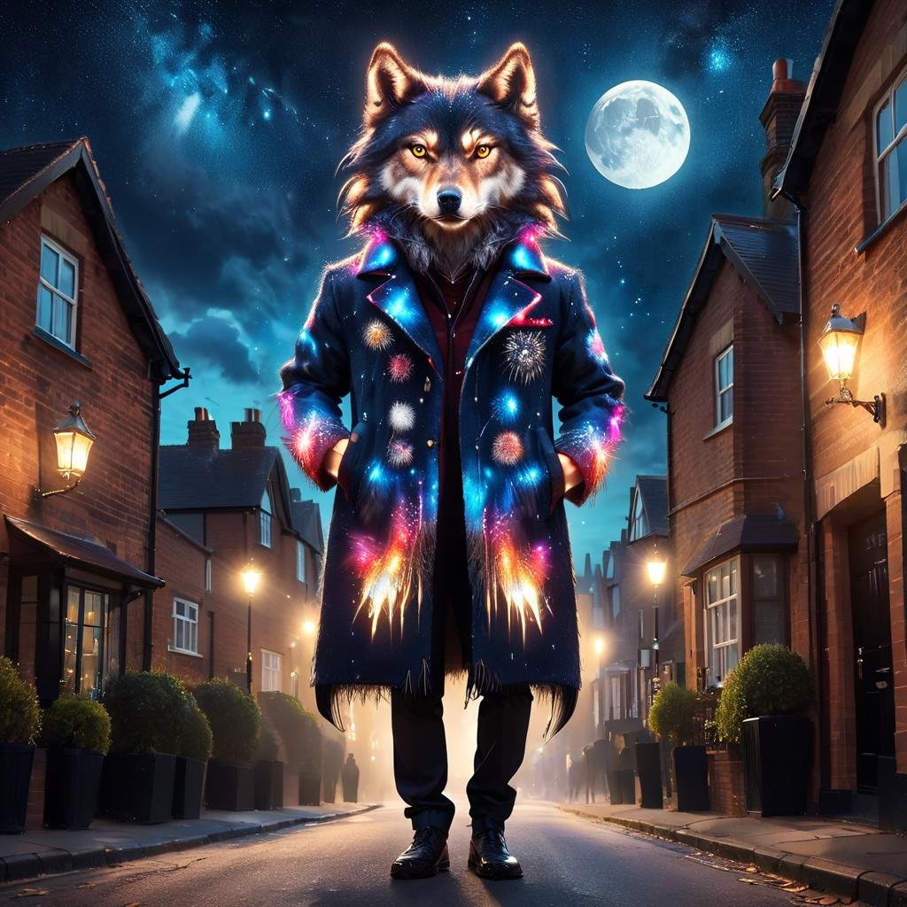 masterpiece, best quality, wolf wearing frwks coat, outdoor, UK residential street<lora:frwks:0.9>