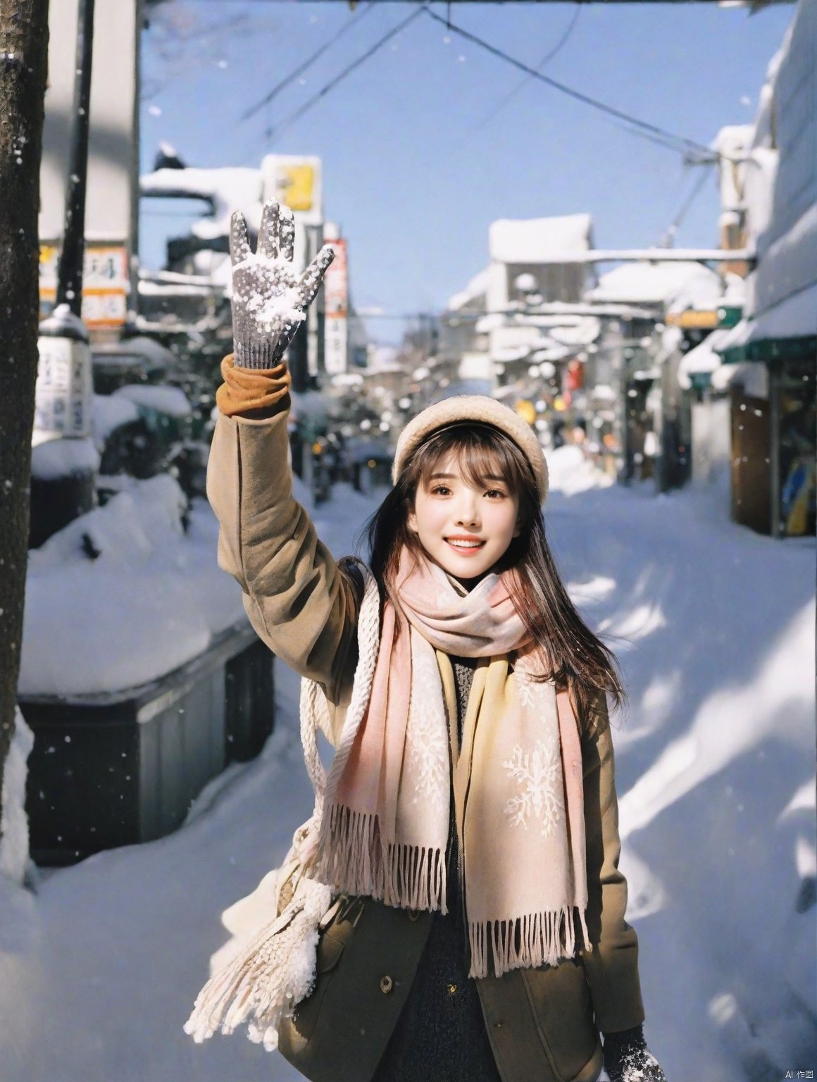  1girl,Exaggerated perspective , ultra wide shot,reaching out hand,foreshortening, on the tokyo street, realistic, highres, female focus, solo,snowy day, scarf, hat, flying snow,