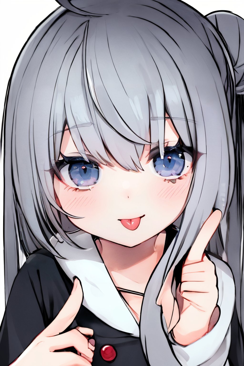 (masterpiece),,(best quality), 

(closed mouth:1.1), upper body, ahoge,  (hand up:1,1), tongue out, eyes visible through hair,  :p, akanbe, (finger under the eye:1.2)

1girl, solo, long hair, looking at viewer, blush, grey hair, tongue, hand up, tongue out, hair bun, grey eyes, single hair bun, portrait, :p, akanbe