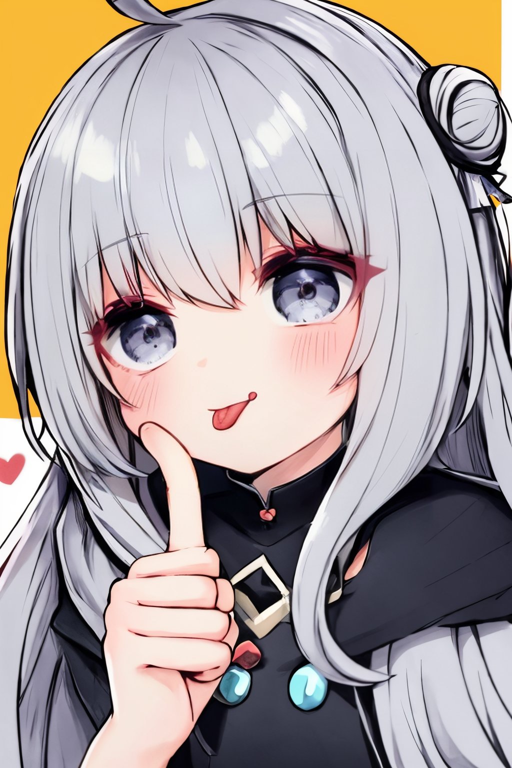 (masterpiece),,(best quality), 

(closed mouth:1.1), upper body, ahoge,  (hand up:1,1), tongue out, eyes visible through hair,  :p, akanbe, (finger under the eye:1.2)

1girl, solo, long hair, looking at viewer, blush, grey hair, tongue, hand up, tongue out, hair bun, grey eyes, single hair bun, portrait, :p, akanbe