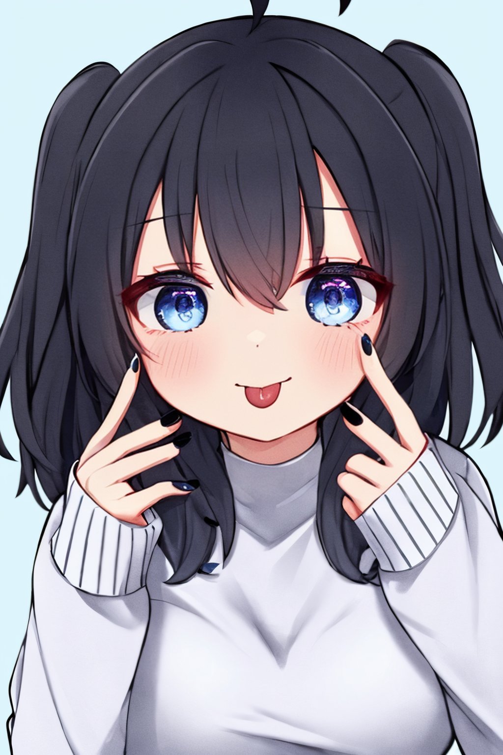 (masterpiece),,(best quality), 

(closed mouth:1.1), upper body, ahoge,  (hand up:1,1), tongue out, eyes visible through hair,  :p, akanbe, finger under the eye


1girl, solo, breasts, looking at viewer, blush, blue eyes, simple background, black hair, long sleeves, hair between eyes, medium breasts, upper body, tongue, hand up, tongue out, medium hair, nail polish, sweater, two side up, sleeves past wrists, blue background, piercing, black nails, :p, white sweater, tongue piercing, akanbe