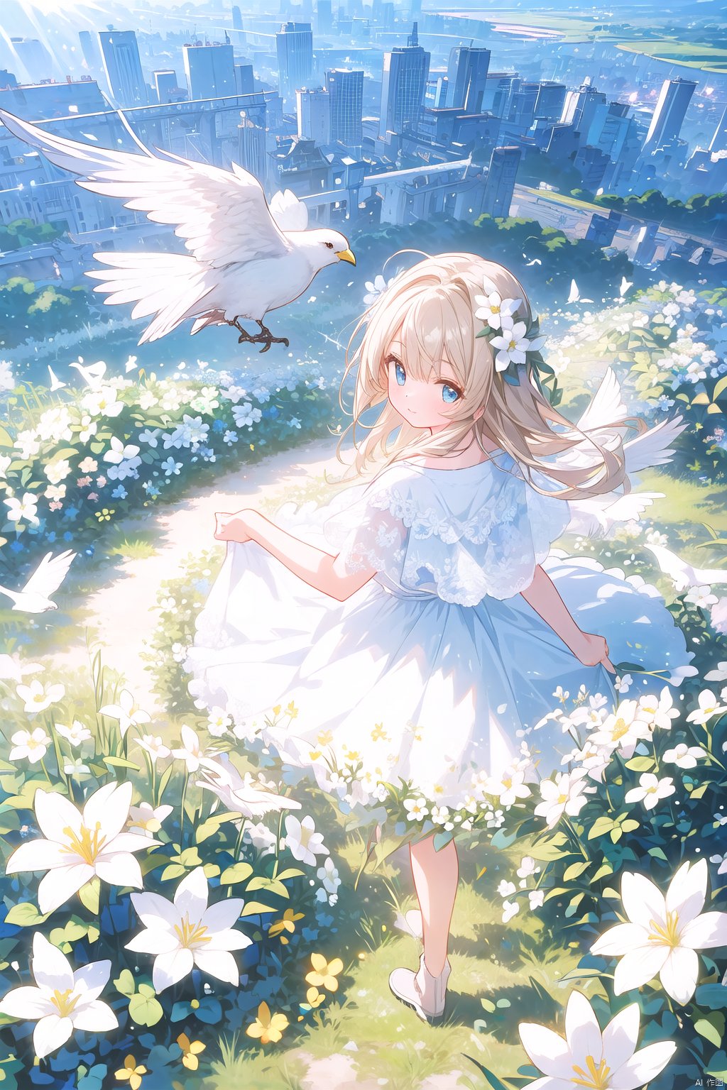  (official art, 8k wallpaper, ultra detailed, High quality, best quality),white flowers,1girl,from above,bird's-eye_view,vintage filter,among flowers,backlight,limited_palette,white,field s of flowers,