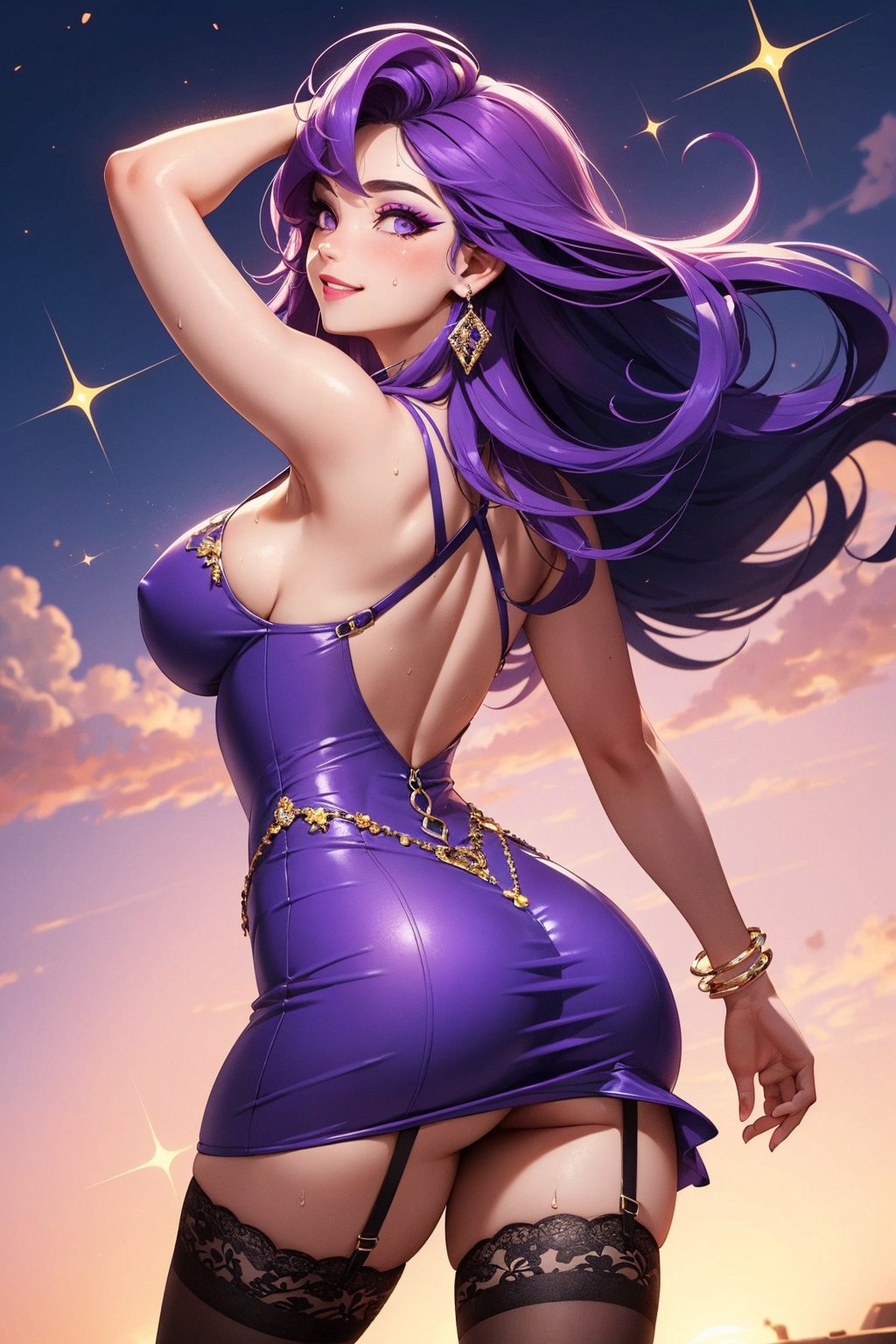 (masterpiece, High Quality, best quality:1.4), colorful, vibrant, highly detailed, hentai, 4K, trending on pixiv, blush, sweat, (horny smile:1.05), flirting glance, from behind, cowboy shot,
purple hair, long hair, purple lipstick, (mole:0.8), makeup, eyeshadow, ultra detailed hair, detailed face, purple eyes, eyes, perfect eyes, perfect face, earrings, jewelry,
(long violet dress:1.15), pink thighhighs, garter belt, lace,
(mature female, 40yo:1.1), (curvy:1.1), milf, huge sagging breasts, hips, arms up, armpits,