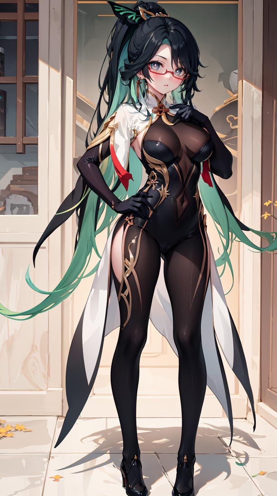 (extremely detailed CG), (best quality), 1girl, perfect face, bright pupils, (finely detailed beautiful eyes), shiny skin, lustrous skin, wide hips, narrow waist,CloudRetainer, hair ornament, under-rim eyewear, multicolored hair, two-tone hair, black hair, green hair, earrings, bodysuit, chinese clothes, elbow gloves, hand on hip, full body, depth of field, v legs, hand on hip, high ponytail,<lora:CloudRetainer:0.6>