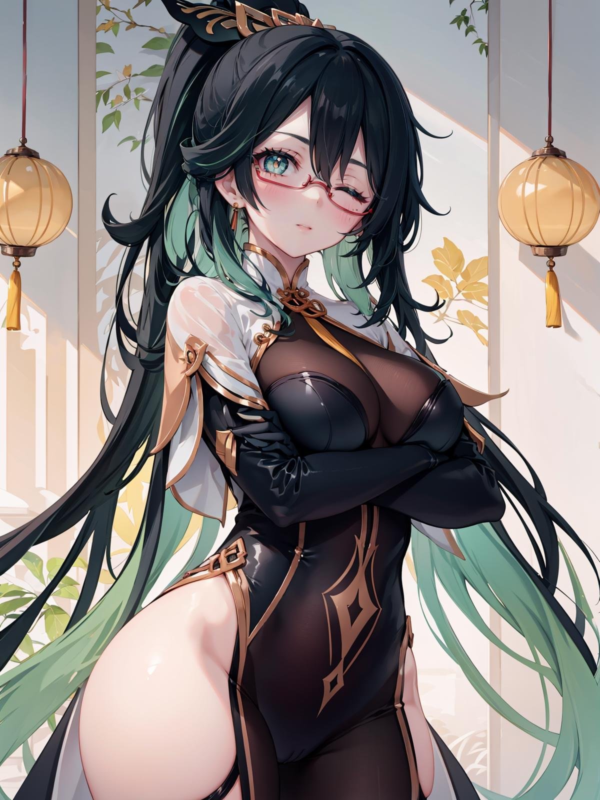 (extremely detailed CG), (best quality), 1girl, perfect face, bright pupils, (finely detailed beautiful eyes), green eyes, one eye closed, head tilt, shiny skin, lustrous skin, wide hips, narrow waist, CloudRetainer, hair ornament, under-rim eyewear, multicolored hair, two-tone hair, black hair, green hair, earrings, bodysuit, chinese clothes, elbow gloves, cowboy shot, high ponytail, hand on hip, crossed arms, <lora:CloudRetainer:0.6>