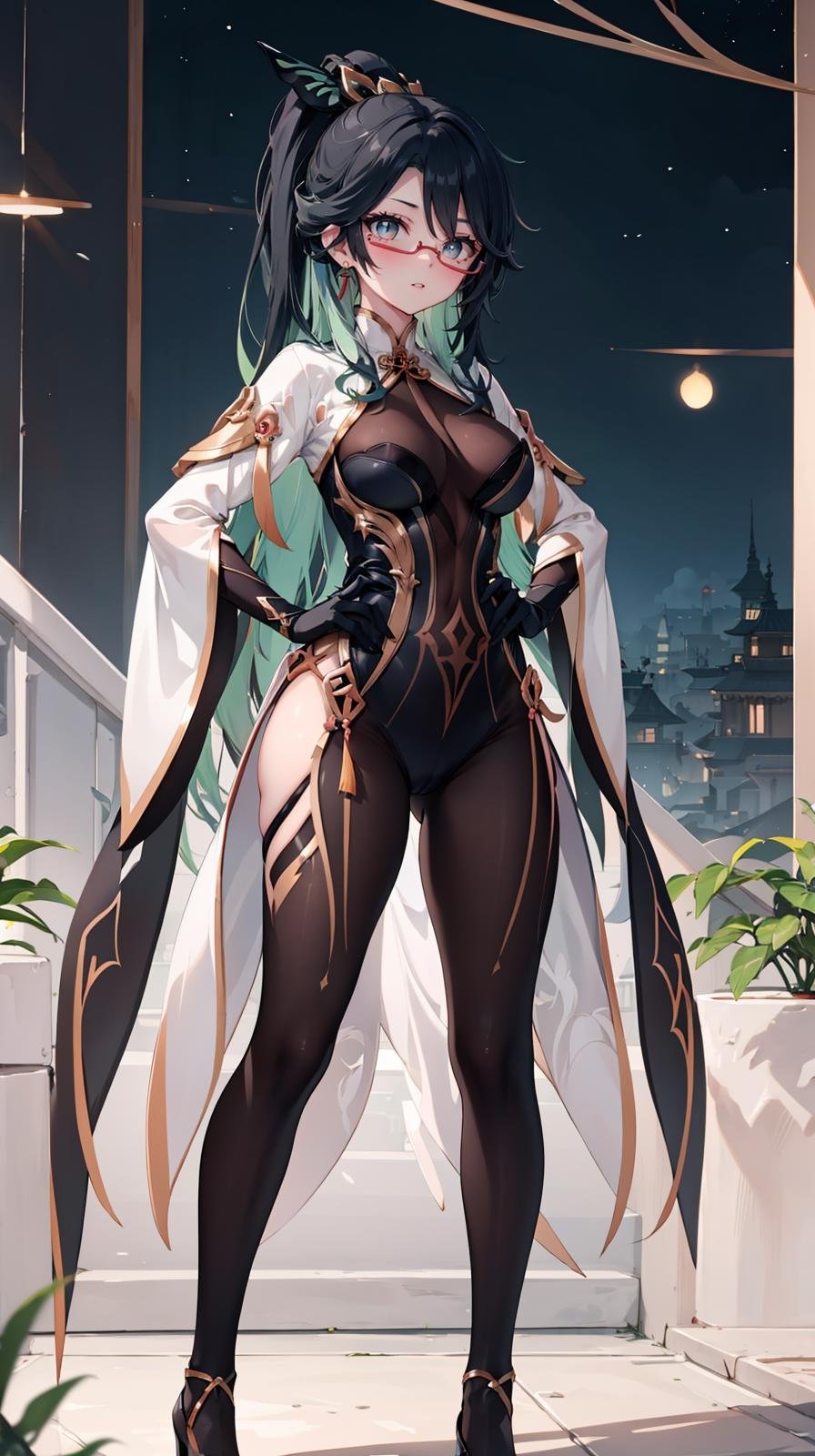 (extremely detailed CG), (best quality), 1girl, perfect face, bright pupils, (finely detailed beautiful eyes), shiny skin, lustrous skin, wide hips, narrow waist,CloudRetainer, hair ornament, under-rim eyewear, multicolored hair, two-tone hair, black hair, green hair, earrings, bodysuit, chinese clothes, elbow gloves, hand on hip, full body, depth of field, v legs, hand on hip, high ponytail,<lora:CloudRetainer:0.6>