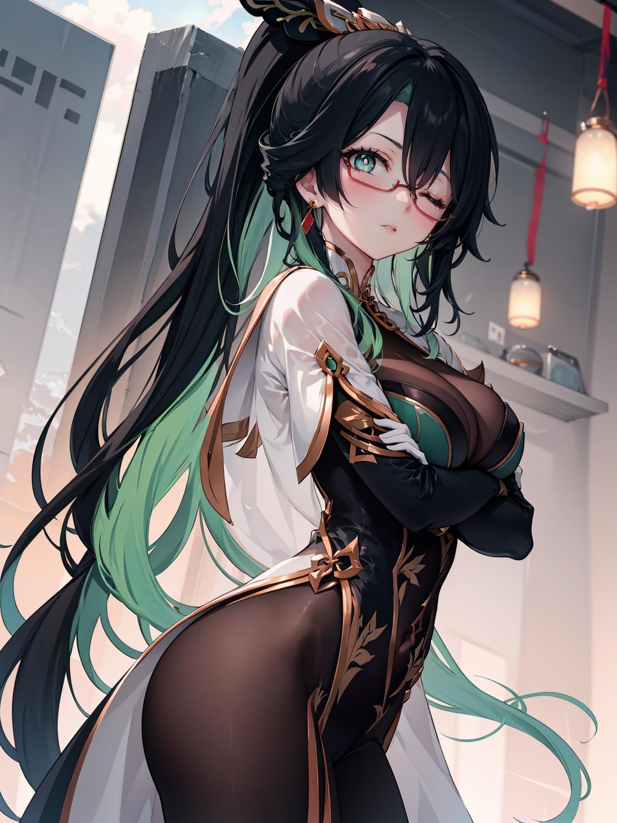 (extremely detailed CG), (best quality), 1girl, perfect face, bright pupils, (finely detailed beautiful eyes), green eyes, one eye closed, head tilt, shiny skin, lustrous skin, wide hips, narrow waist, CloudRetainer, hair ornament, under-rim eyewear, multicolored hair, two-tone hair, black hair, green hair, earrings, bodysuit, chinese clothes, elbow gloves, cowboy shot, high ponytail, hand on hip, crossed arms, from side,  <lora:CloudRetainer:0.6>