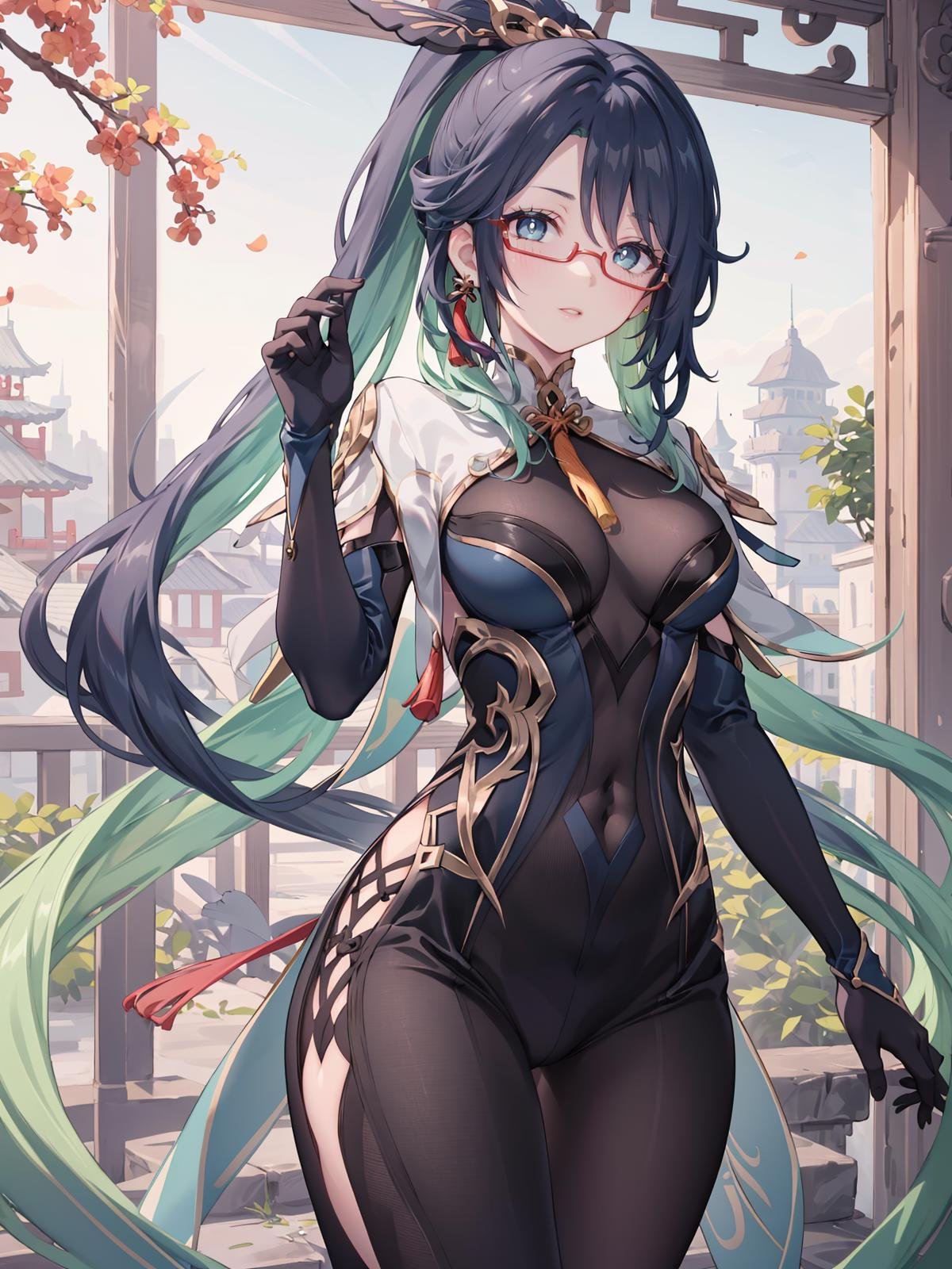 (extremely detailed CG, best quality:1.1), 1girl, perfect face, bright pupils, (finely detailed beautiful eyes:1.1), blue eyes, shiny skin, lustrous skin, wide hips, narrow waist, long hair, glasses, semi-rimless eyewear, ponytail, multicolored hair, hair ornament, earrings, chinese clothes, bodysuit, cowboy shot, elbow gloves, <lora:Xianyun:0.6>