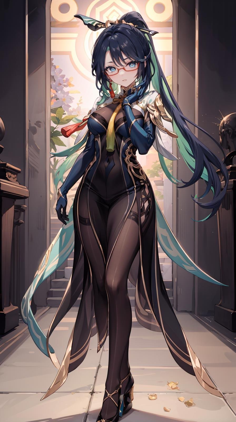 (extremely detailed CG, best quality:1.1), 1girl, perfect face, bright pupils, (finely detailed beautiful eyes:1.1), blue eyes, shiny skin, lustrous skin, wide hips, narrow waist, long hair, glasses, semi-rimless eyewear, ponytail, multicolored hair, hair ornament, earrings, chinese clothes, bodysuit, cowboy shot, elbow gloves, dress, full body, depth of field, standing, high heels, <lora:Xianyun:0.7>