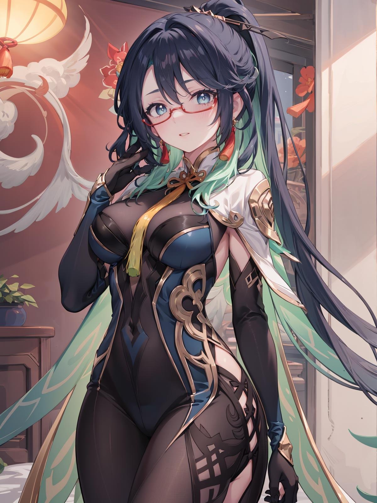 (extremely detailed CG, best quality:1.1), 1girl, perfect face, bright pupils, (finely detailed beautiful eyes:1.1), blue eyes, shiny skin, lustrous skin, wide hips, narrow waist, long hair, glasses, semi-rimless eyewear, ponytail, multicolored hair, hair ornament, earrings, chinese clothes, bodysuit, cowboy shot, elbow gloves, dress<lora:Xianyun:0.6>