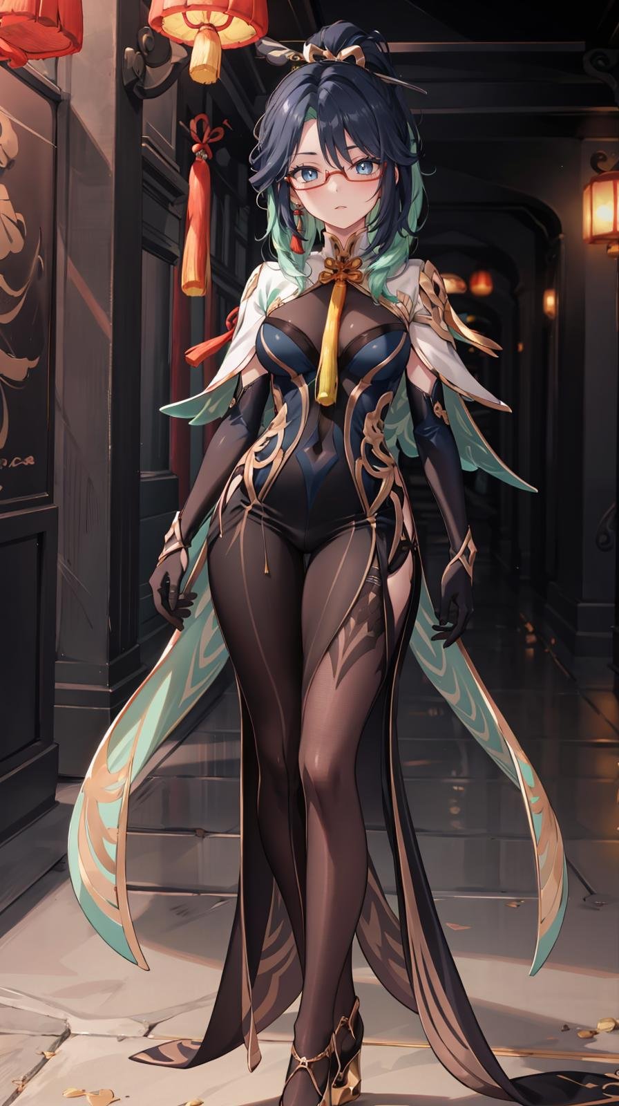 (extremely detailed CG, best quality:1.1), 1girl, perfect face, bright pupils, (finely detailed beautiful eyes:1.1), blue eyes, shiny skin, lustrous skin, wide hips, narrow waist, long hair, glasses, semi-rimless eyewear, ponytail, multicolored hair, hair ornament, earrings, chinese clothes, bodysuit, cowboy shot, elbow gloves, dress, full body, depth of field, standing, high heels, <lora:Xianyun:0.7>