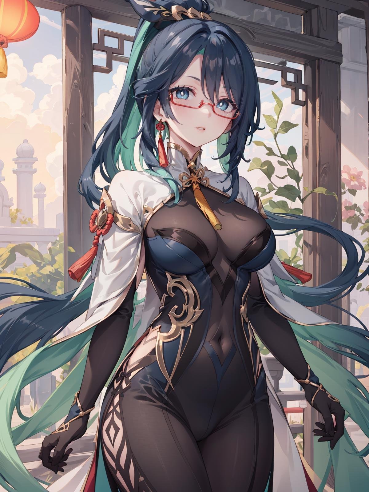 (extremely detailed CG, best quality:1.1), 1girl, perfect face, bright pupils, (finely detailed beautiful eyes:1.1), blue eyes, shiny skin, lustrous skin, wide hips, narrow waist, long hair, glasses, semi-rimless eyewear, ponytail, multicolored hair, hair ornament, earrings, chinese clothes, bodysuit, cowboy shot, <lora:Xianyun:0.6>