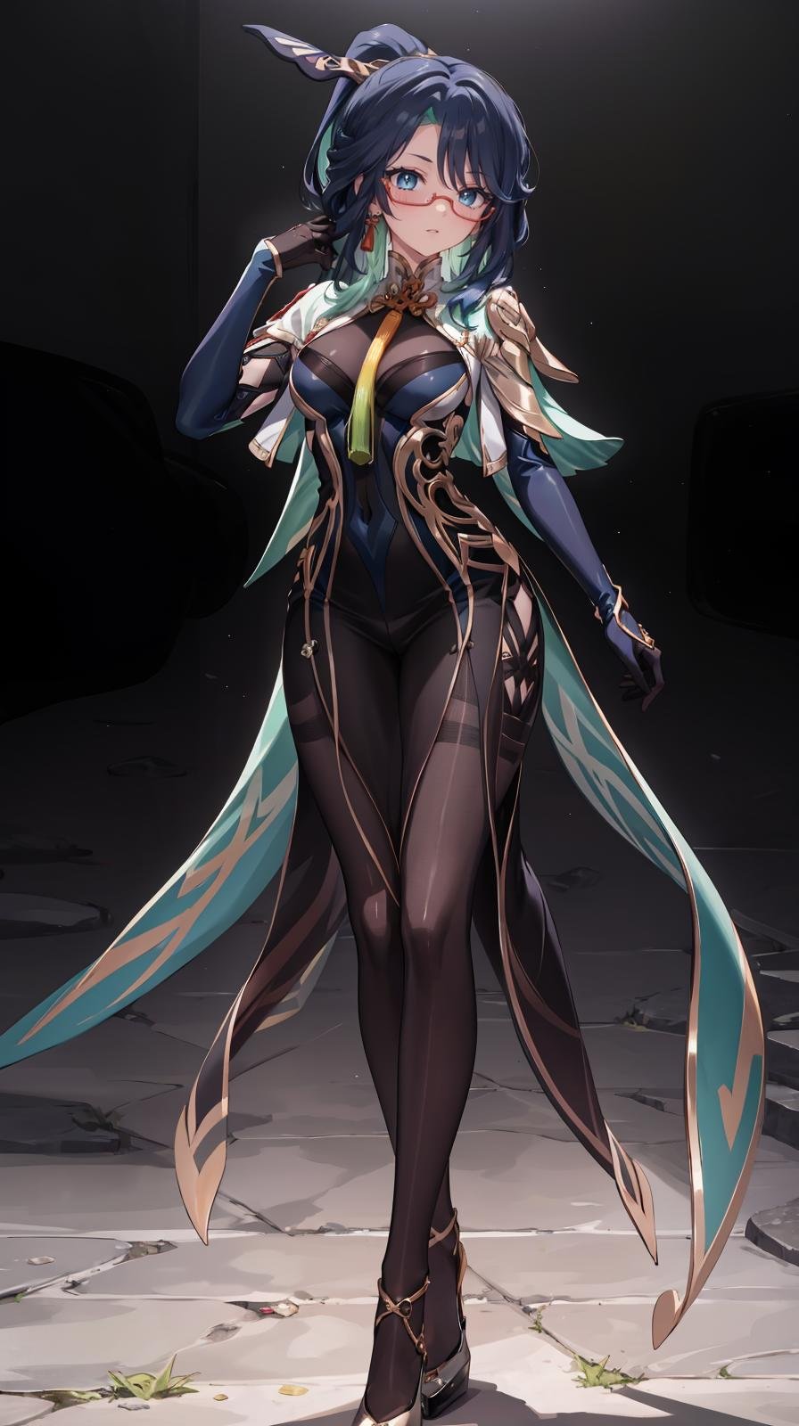 (extremely detailed CG, best quality:1.1), 1girl, perfect face, bright pupils, (finely detailed beautiful eyes:1.1), blue eyes, shiny skin, lustrous skin, wide hips, narrow waist, long hair, glasses, semi-rimless eyewear, ponytail, multicolored hair, hair ornament, earrings, chinese clothes, bodysuit, cowboy shot, elbow gloves, dress, full body, depth of field, standing, high heels, <lora:Xianyun:0.7>