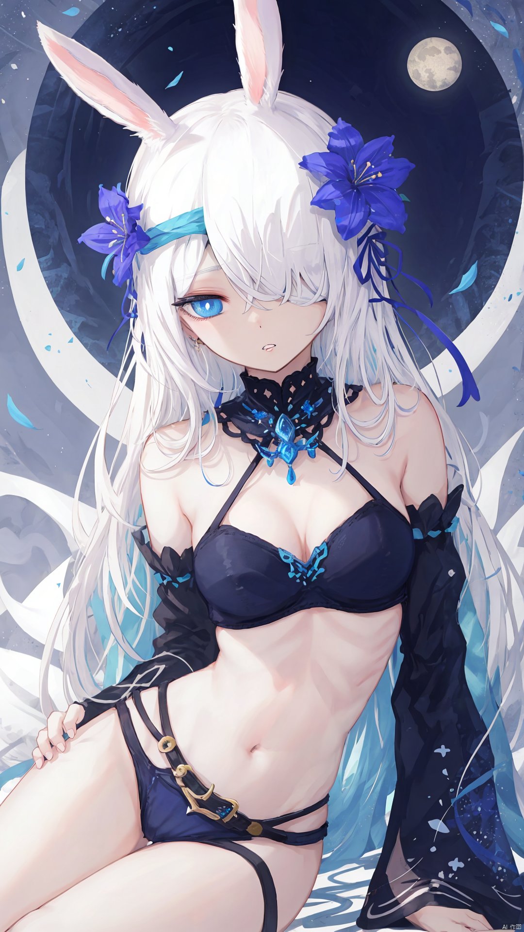 1girl, animal ears, solo, hair over one eye, blue eyes, long hair, rabbit ears, white hair, sitting, looking at viewer, breasts, hair ornament, crop top, bare shoulders, medium breasts, parted lips, flower, crescent, detached sleeves, shawl, one eye covered, blue flower, bangs, midriff