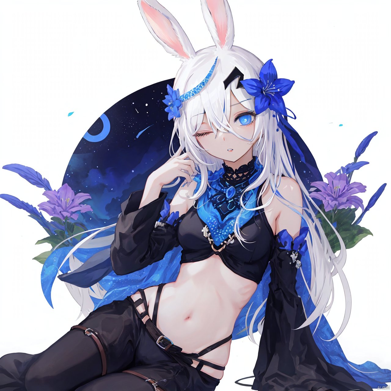  1girl, animal ears, solo, hair over one eye, blue eyes, long hair, rabbit ears, white hair, sitting, looking at viewer, breasts, hair ornament, crop top, bare shoulders, medium breasts, parted lips, flower, crescent, detached sleeves, shawl, one eye covered, blue flower, bangs, midriff