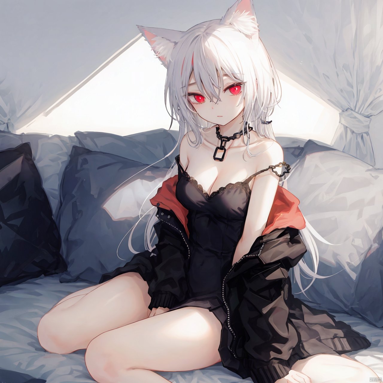 1girl, solo, animal ears, red eyes, dress, sitting, breasts, white dress, looking at viewer, white hair, chain, cleavage, jacket, bangs, off shoulder, medium breasts, closed mouth, bare shoulders, bare legs, black jacket, sleeveless dress, rabbit ears, strap slip, cat ears, collarbone, sleeveless, hair between eyes, animal ear fluff, hand between legs, long hair,