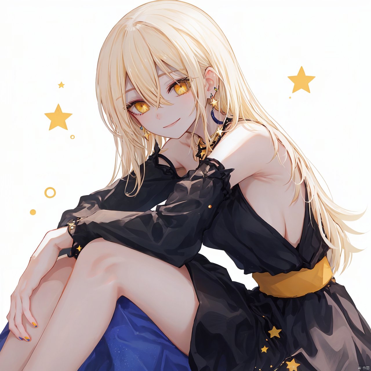 1girl, solo, long hair, yellow nails, yellow eyes, looking at viewer, dress, white hair, detached sleeves, white dress, hair between eyes, bare shoulders, breasts, blonde hair, bangs, earrings, jewelry, closed mouth, star (symbol), long sleeves, sideboob, nail polish, smile, sitting, from side, wide sleeves,