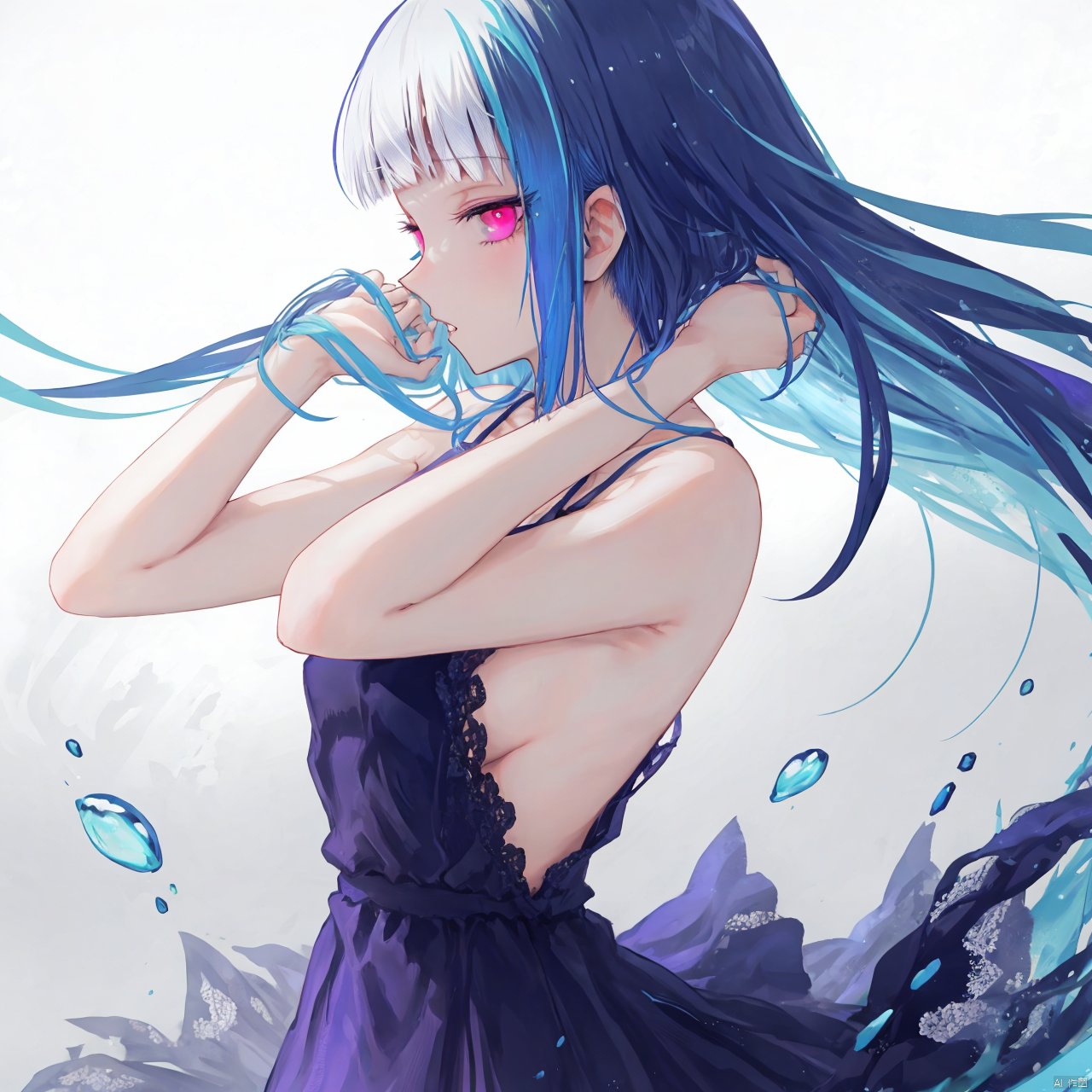 1girl, lize helesta, virtual youtuber, solo, dress, long hair, multicolored hair, blue hair, white hair, white dress, bangs, breasts, looking at viewer, parted lips, sleeveless, sleeveless dress, colored inner hair, two-tone hair, small breasts, hands in hair, from side, liquid hair, pink eyes, cowboy shot, purple eyes, sideboob, very long hair, blunt bangs, bare shoulders, arms up