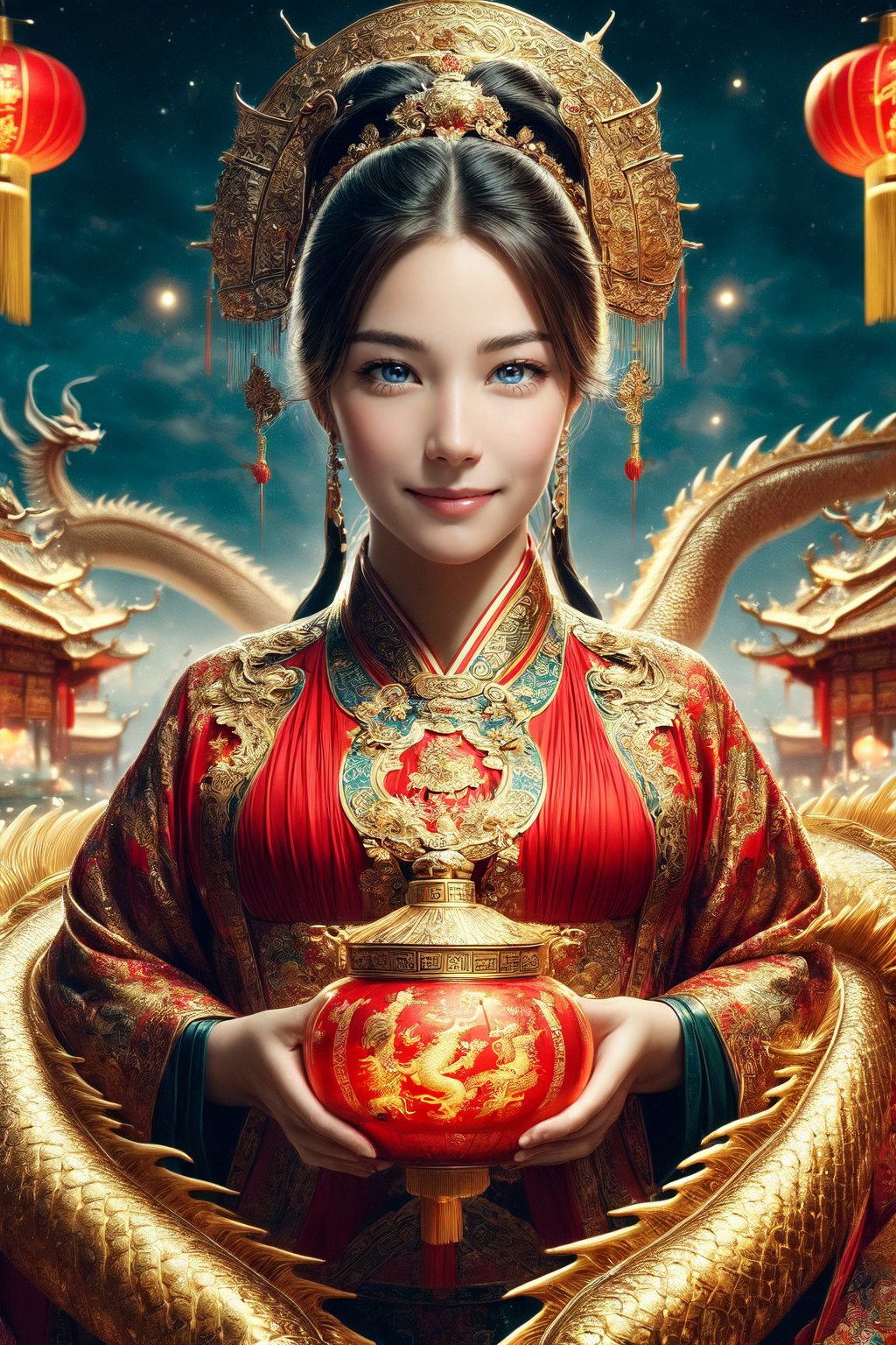 (masterpiece, high quality:1.5), Vibrant, detailed, high-resolution, artistic, majestic, magnificent, elaborate detail, awe-inspiring, splendid, celebratory, 
1 girl, China Tang Dynasty costumes, elegant, traditional, culturally rich, 
night sky, grand fireworks display, glowing red lanterns, cultural heritage, festive atmosphere, ancient cityscape, traditional architecture, 
(Giant golden dragon:1.1), flying dragon in the sky, large, majestic, overwhelming presence, by FuturEvoLab, historical, mythical, dynamic, visually striking, ,Exquisite face