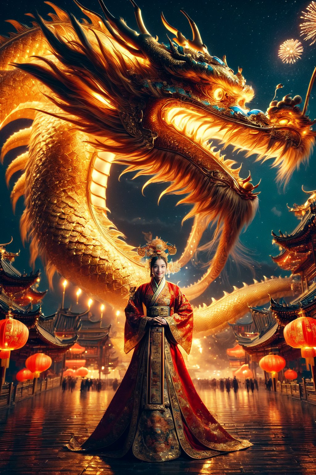 (masterpiece, high quality:1.5), Vibrant, detailed, high-resolution, artistic, majestic, magnificent, elaborate detail, awe-inspiring, splendid, celebratory, 
1 girl, China Tang Dynasty costumes, elegant, traditional, culturally rich, 
night sky, grand fireworks display, glowing red lanterns, cultural heritage, festive atmosphere, ancient cityscape, traditional architecture, 
(Giant golden dragon:1.1), flying dragon in the sky, large, majestic, overwhelming presence, by FuturEvoLab, historical, mythical, dynamic, visually striking, Exquisite face,