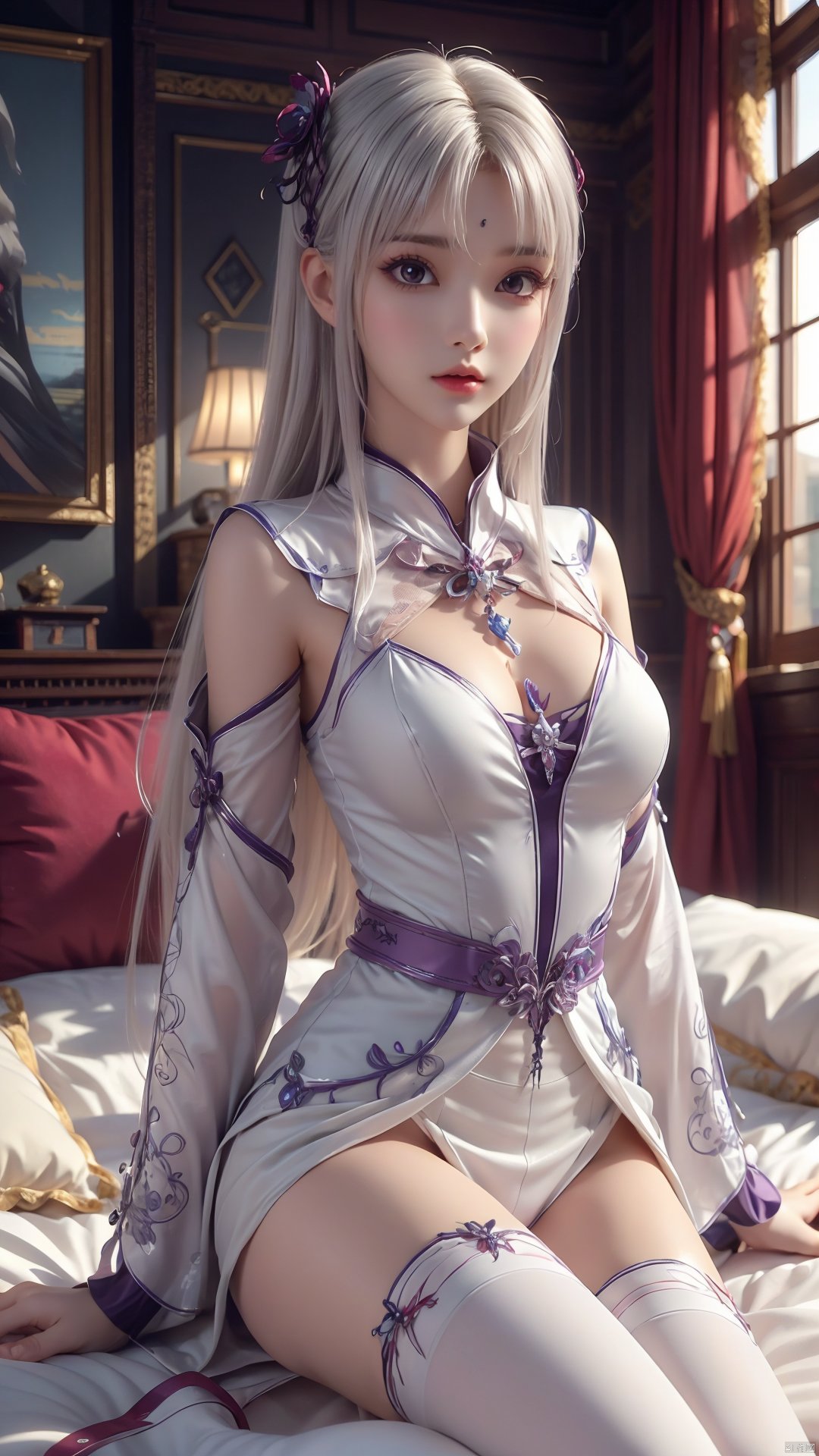  1girl, white hair, long hair, thighhighs, lying, perfect body, scenery, sharp focus, best quality, masterpiece, detailed outfit, illustration, perfect eyes, finely detailed beautiful anime eyes, realistic skin, intricate details, best lighting, depth of field, ultra high resolution, bed, from below,