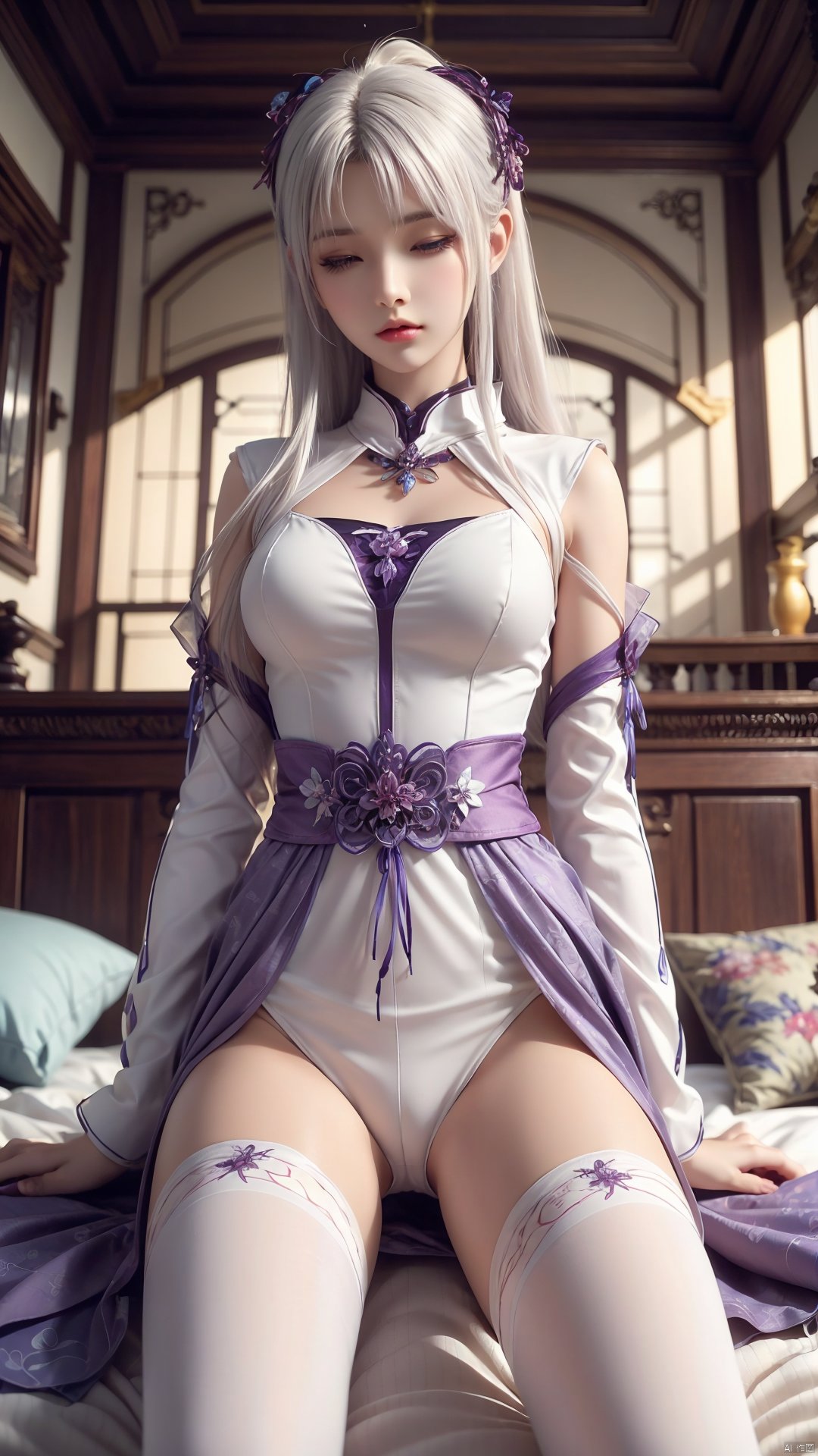  1girl, frown, close eyes, white hair, long hair, thighhighs, lying, perfect body, scenery, sharp focus, best quality, masterpiece, detailed outfit, illustration, perfect eyes, finely detailed beautiful anime eyes, realistic skin, intricate details, best lighting, depth of field, ultra high resolution, lie on the bed, from below,