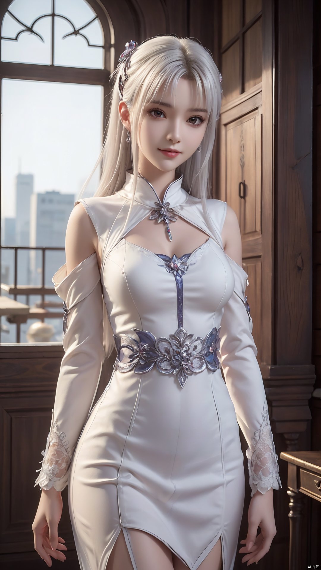  1girl, wedding_dress, white hair, long hair, mischevious smile, perfect body, scenery, sharp focus, best quality, masterpiece, detailed outfit, illustration, perfect eyes, finely detailed beautiful anime eyes, realistic skin, intricate details, best lighting, depth of field, ultra high resolution,cowboy_shot, dynamic pose, dynamic angle,