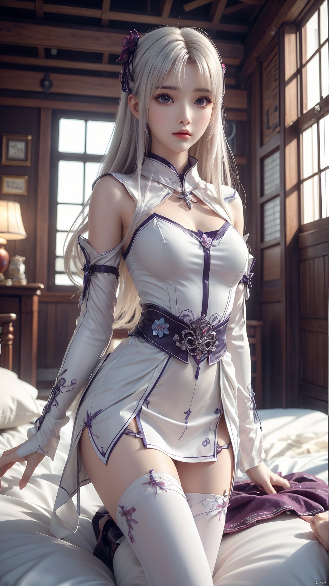  1girl, white hair, long hair, thighhighs, lying, perfect body, scenery, sharp focus, best quality, masterpiece, detailed outfit, illustration, perfect eyes, finely detailed beautiful anime eyes, realistic skin, intricate details, best lighting, depth of field, ultra high resolution, bed, from below,