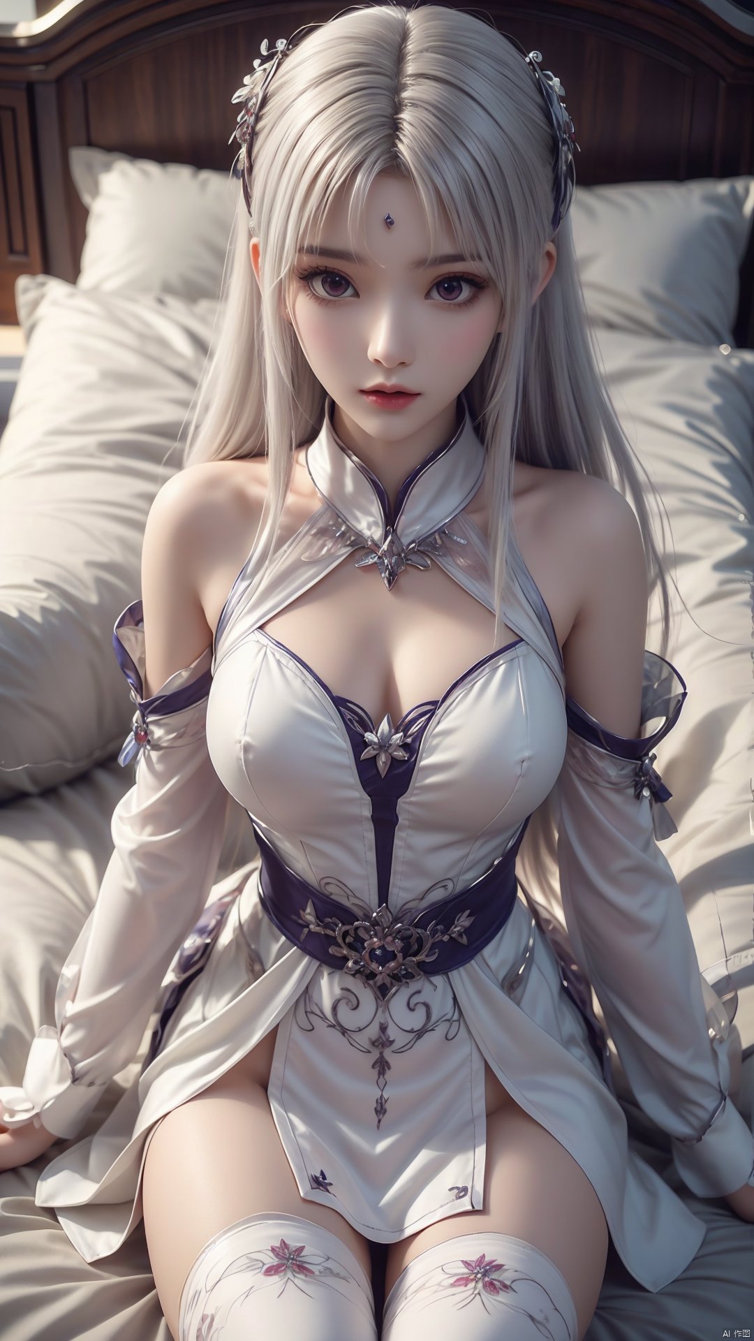  1girl, white hair, long hair, thighhighs, lying, perfect body, scenery, sharp focus, best quality, masterpiece, detailed outfit, illustration, perfect eyes, finely detailed beautiful anime eyes, realistic skin, intricate details, best lighting, depth of field, ultra high resolution, bed, from above 