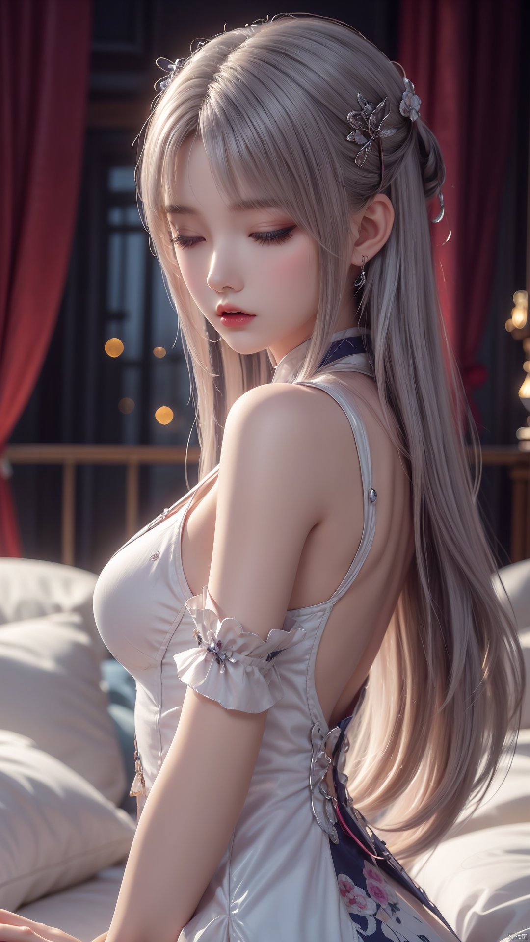  1girl, closed_eyes, bite finger, frown, white hair, long hair, perfect body, scenery, sharp focus, best quality, masterpiece, detailed outfit, illustration, perfect eyes, finely detailed beautiful anime eyes, realistic skin, intricate details, best lighting, depth of field, ultra high resolution,from_side, sleep in bed